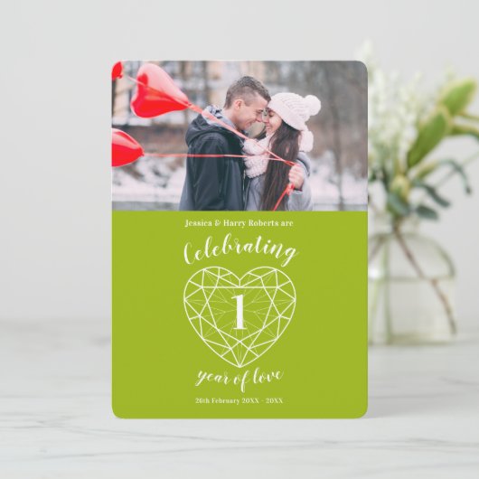 Peridot hart 1e verjaardag 1 jaar foto uitnodiging (Staand voorkant)
