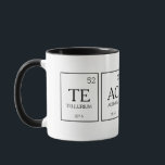 Periodieke chemie van leraren mok<br><div class="desc">De scheikunde van de leraar periodieke termijnen de mok van de wetenschappen leest leraar gebruikend de elementen van het periodieke lijst,  of u kunt met uw eigen vier-element woord of naam personaliseren. Een ideaal cadeau voor wetenschapsdocenten. Unieke grafische kunst op www.mylittleeden.com</div>