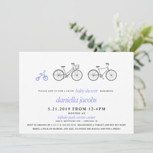 Periwinkle Bicycle Baby shower Kaart (Staand voorkant)