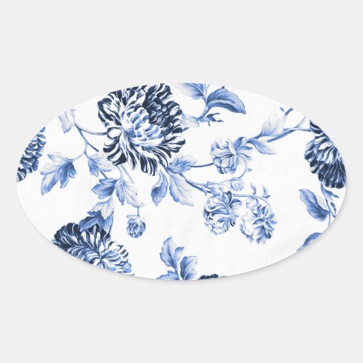 Periwinkle Blauw  Bloemen Toile No.5 Ovale Sticker (Voorkant)