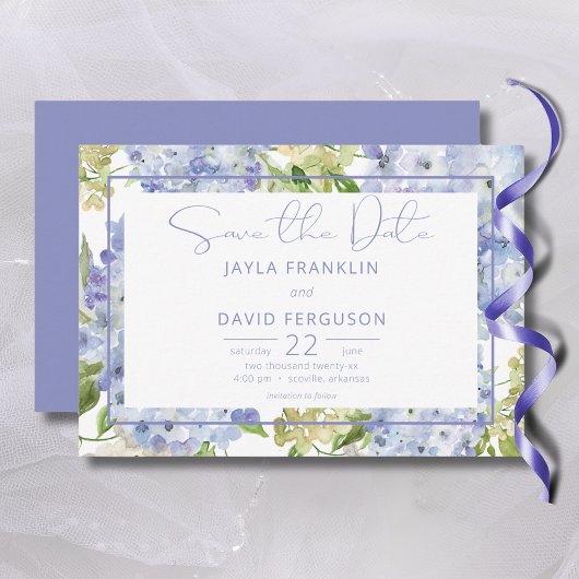 Periwinkle Blauw Wit Hydrangea Bruiloft Save The Date
