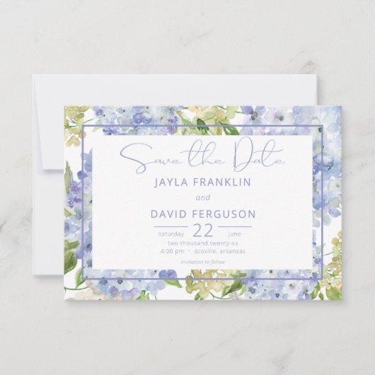 Periwinkle Blauw Wit Hydrangea Bruiloft Save The Date (Voorkant)