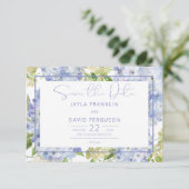 Periwinkle Blauw Wit Hydrangea Bruiloft Save The Date (Staand voorkant)