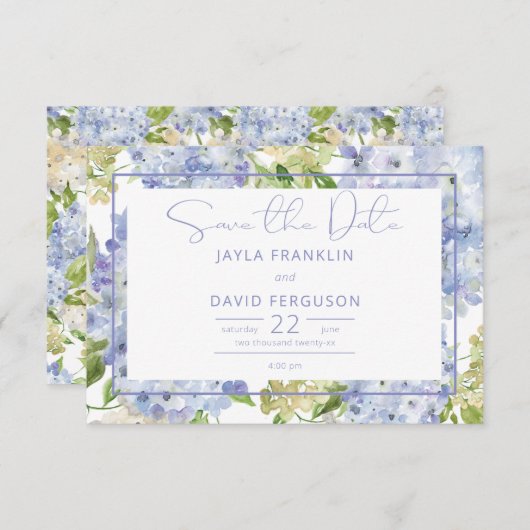 Periwinkle Blauw Wit Hydrangea Bruiloft Save The Date (Voorkant / Achterkant)