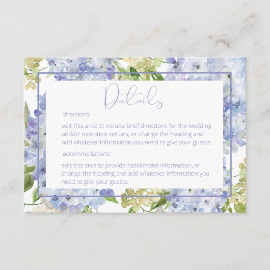 Periwinkle Blauw Wit Hydrangea Details Bruiloft Informatiekaartje (Voorkant)