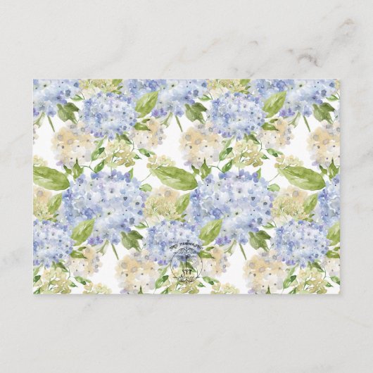 Periwinkle Blauw Wit Hydrangea Details Bruiloft Informatiekaartje (Achterkant)