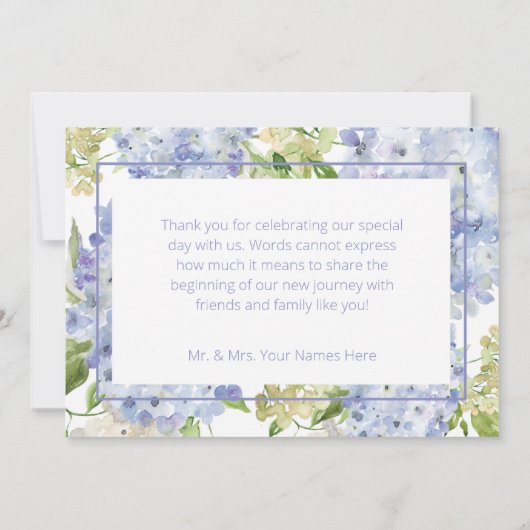 Periwinkle Blauw Wit Hydrangeas Bruiloft Bedankkaart (Achterkant)