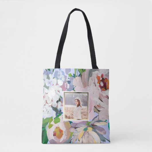  Periwinkle Blauwe Bloem met Monogram Foto Tote Bag (Voorkant)
