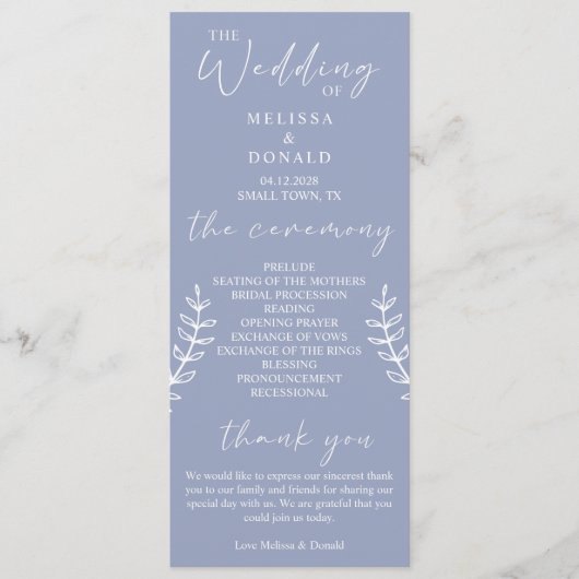 Periwinkle bloemen eenvoudig huwelijksprogramma programmakaart (Voorkant)