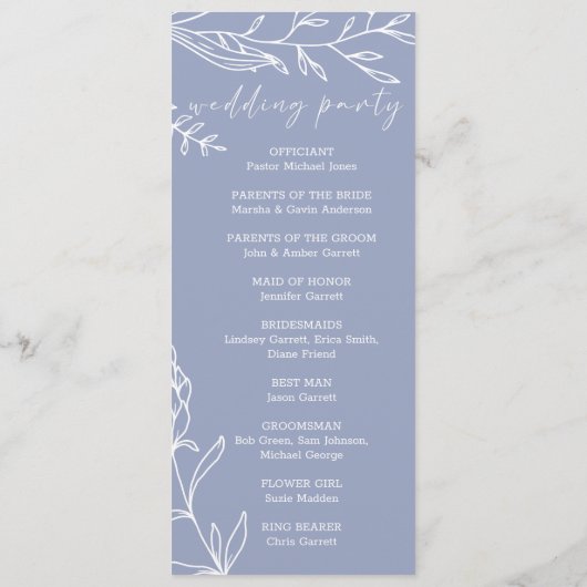 Periwinkle bloemen eenvoudig huwelijksprogramma programmakaart (Achterkant)