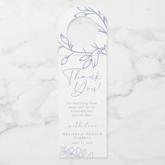 Periwinkle Bloemen Script Wedding Dank u Flessenhanger (Voorkant)