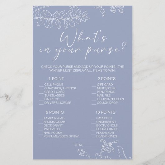Periwinkle Bloemen Spel Whats In Uw Tas Flyer (Voorkant)
