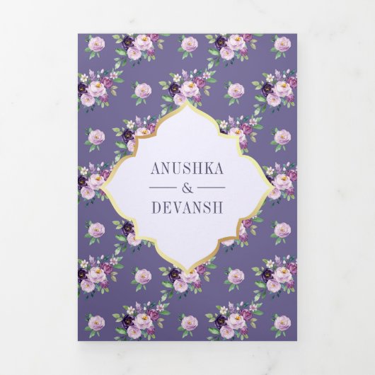 Periwinkle bloemenpatroon QR-code Indiase bruiloft Drieluik Uitnodiging (Cover)