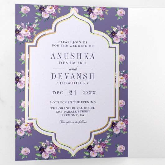 Periwinkle bloemenpatroon QR-code Indiase bruiloft Drieluik Uitnodiging (Binnenzijde eerst)