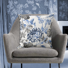 Periwinkle Blue Black White Botanical Floral Toile Kussen