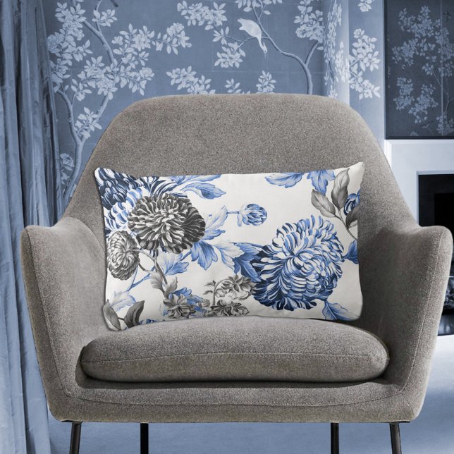 Periwinkle Blue Black & White Botanical Toile Kussen (Creator heeft geüpload)
