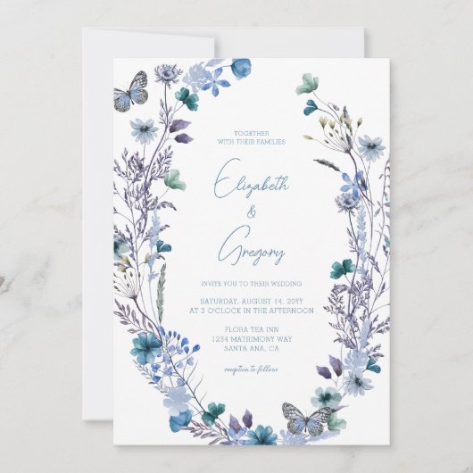Periwinkle Blue Boho Wildflower bruiloft uitnodigi Kaart (Voorkant)