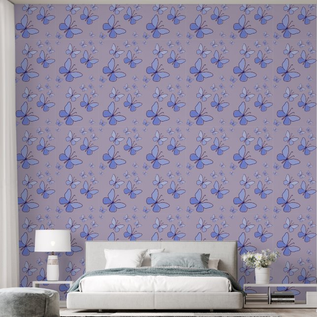 Periwinkle Blue Butterfly Flutter Lavendel Grijs Behang (Slaapkamer)