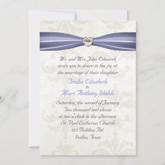 Periwinkle Blue & Cream Damask Wedding Invitation Kaart (Voorkant)