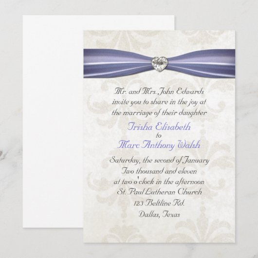 Periwinkle Blue & Cream Damask Wedding Invitation Kaart (Voorkant / Achterkant)
