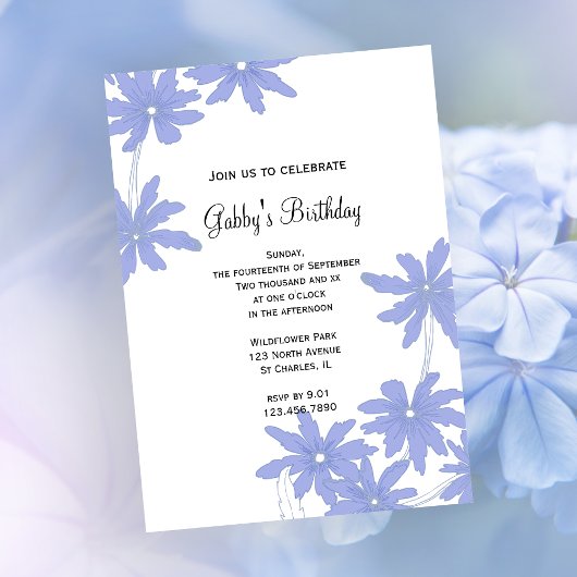 Periwinkle Blue Daisies Birthday Party Kaart