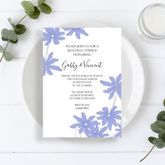 Periwinkle Blue Daisies Wedding Rehearsal Dinner Kaart