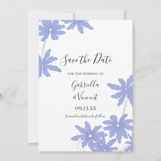Periwinkle Blue Daisies Wedding Save the Date (Voorkant)