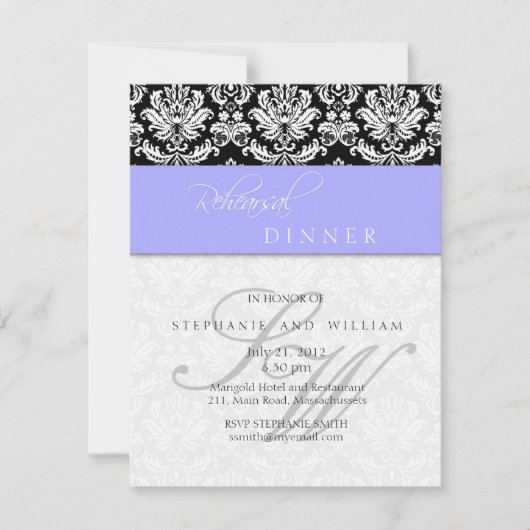 Periwinkle Blue Damask Monogram Rehearsal Dinner Kaart (Voorkant)