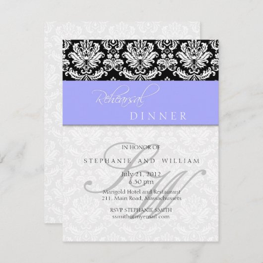 Periwinkle Blue Damask Monogram Rehearsal Dinner Kaart (Voorkant / Achterkant)