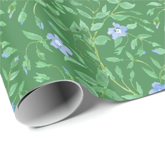 Periwinkle Blue Dark Green Country-achtige Floral Cadeaupapier (Rol Hoek)