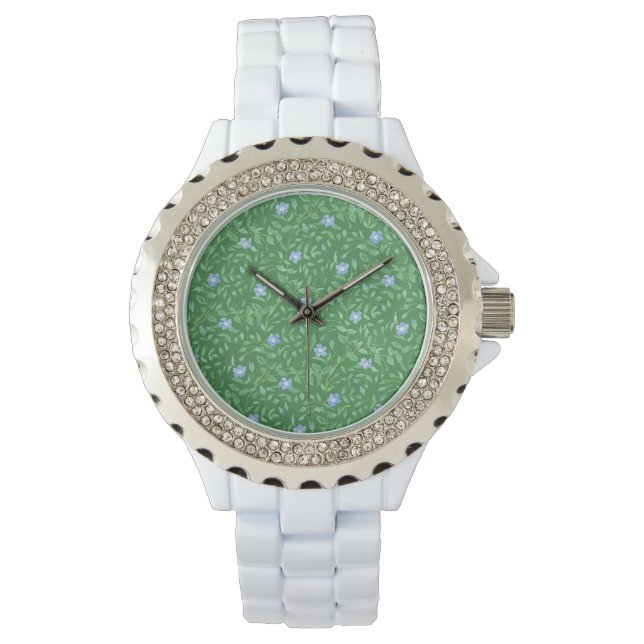 Periwinkle Blue Dark Green Country-achtige Floral Horloge (Voorkant)