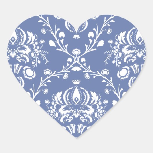 Periwinkle Blue en White Damask Hart Sticker (Voorkant)