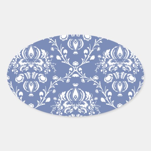 Periwinkle Blue en White Damask Ovale Sticker (Voorkant)
