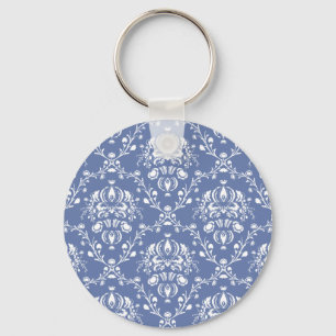 Periwinkle Blue en White Damask Sleutelhanger
