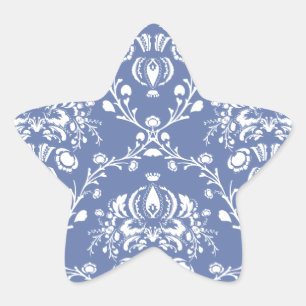 Periwinkle Blue en White Damask Ster Sticker