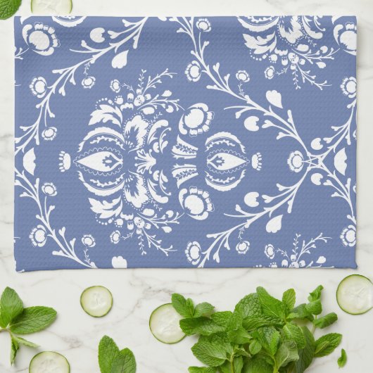 Periwinkle Blue en White Damask Theedoek (Gevouwen)