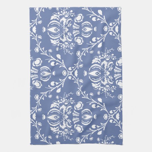 Periwinkle Blue en White Damask Theedoek (Verticaal)