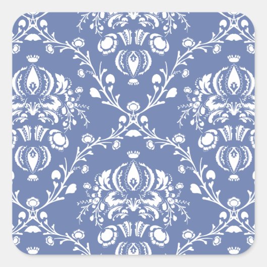 Periwinkle Blue en White Damask Vierkante Sticker (Voorkant)
