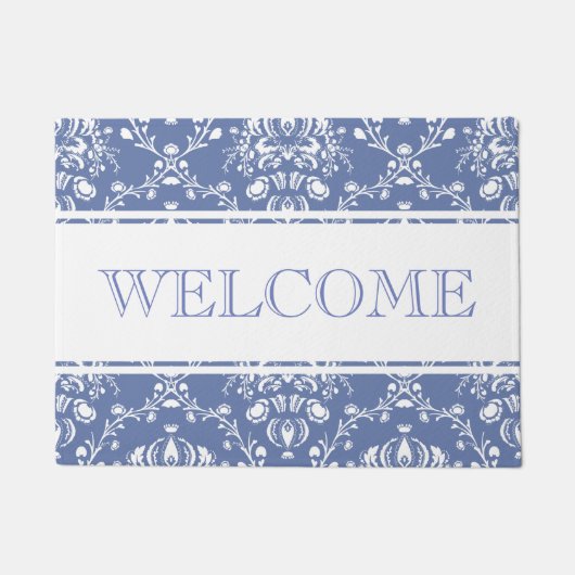 Periwinkle Blue en White Damask Welcome Deurmat (Voorkant)