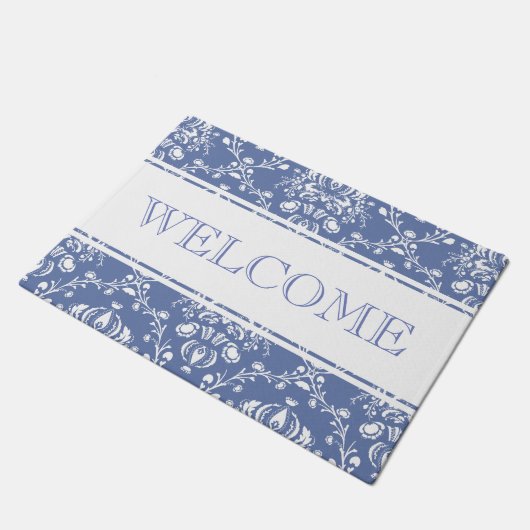 Periwinkle Blue en White Damask Welcome Deurmat (Schuin)