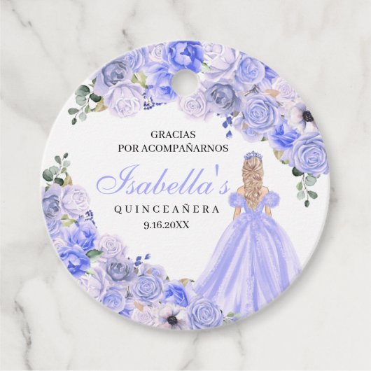 Periwinkle Blue Floral Quinceanera Bedankjes Labels (Voorkant)