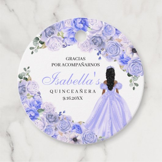 Periwinkle Blue Floral Quinceanera Bedankjes Labels (Voorkant)