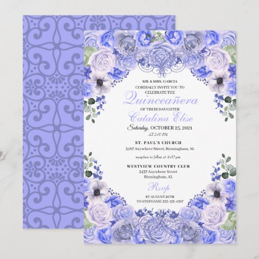 Periwinkle Blue Floral Quinceanera Birthday Kaart (Voorkant / Achterkant)