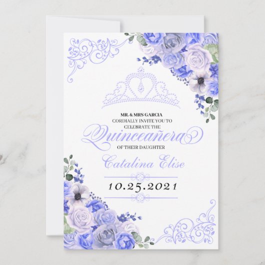 Periwinkle Blue Floral Quinceanera Birthday Kaart (Voorkant)