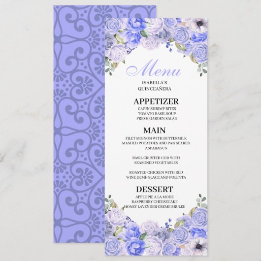 Periwinkle Blue Floral Quinceanera Menu Kaart (Voorkant / Achterkant)