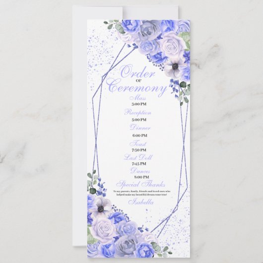 Periwinkle Blue Floral Quinceanera Programme Kaart (Achterkant)