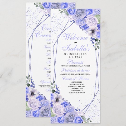 Periwinkle Blue Floral Quinceanera Programme Kaart (Voorkant / Achterkant)