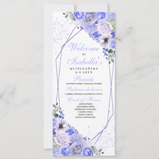 Periwinkle Blue Floral Quinceanera Programme Kaart (Voorkant)