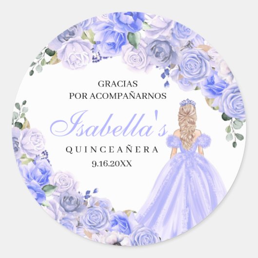 Periwinkle Blue Floral Quinceanera Round Stickers (Voorkant)