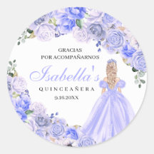 Periwinkle Blue Floral Quinceanera Round Stickers
